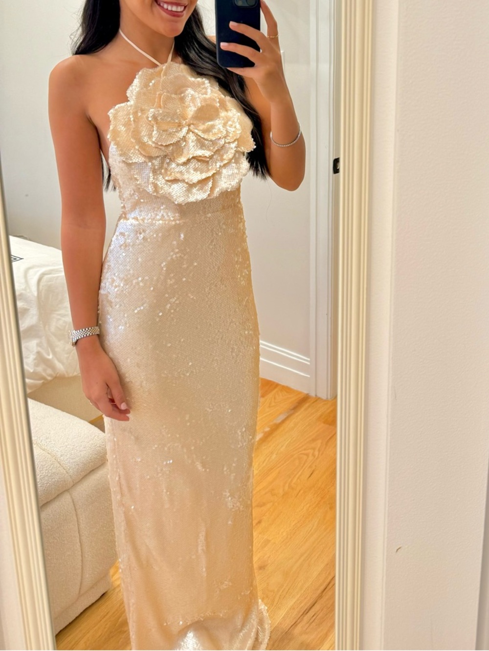 Ivory/Champagne Sequin Halter Gown with Floral Appliqué